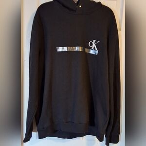 Calvin Klein Black Hoodie Metallic Silver CK Logo Bar Pullover